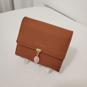 Brown Compact Wallet with Pink Leaf Charm